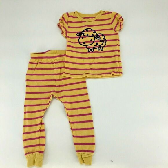Unbranded Girls Toddler PJ Set Pajamas Striped Lamb Sheep Tight Sz 18 Months - Picture 1 of 9